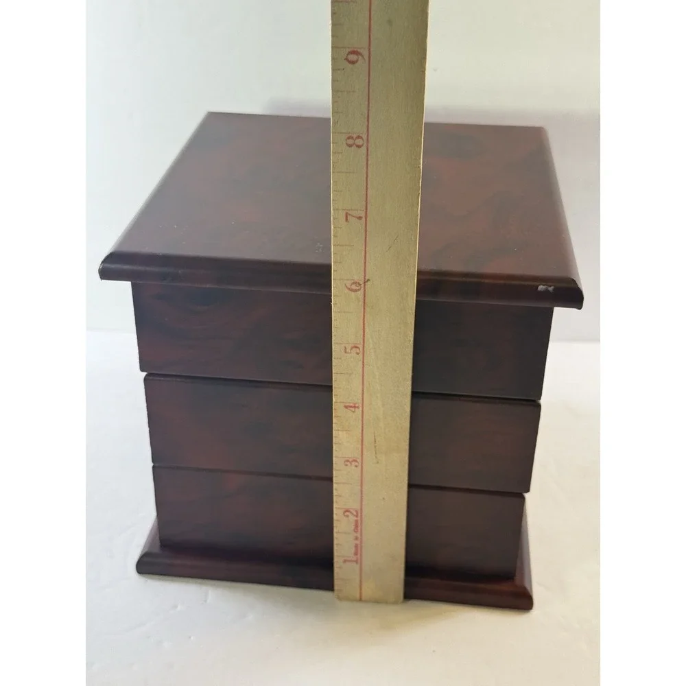 Vintage Wooden 3 Tier Swivel Jewelry Box Faux Burlwood Rotating Storage Chest